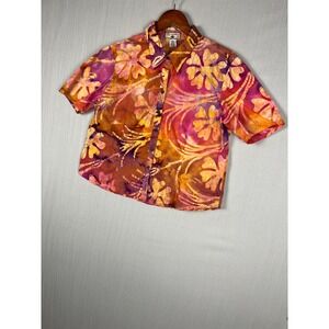 Caribbean Joe Shirt Women PXL Orange Batik Floral Button‎ Front Cotton